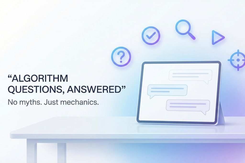 FAQ graphic about social media algorithms showing a tablet with chat bubbles and icons for search, ranking, and targeting.