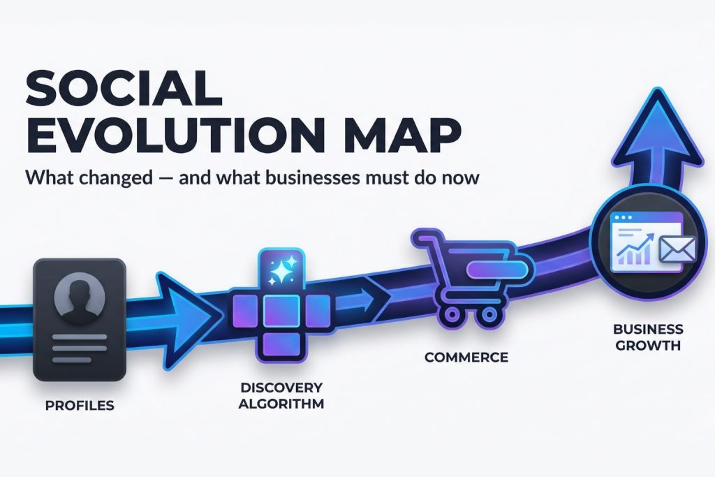 Social evolution map showing the shift from profile networks to discovery algorithms, commerce features, and business growth.