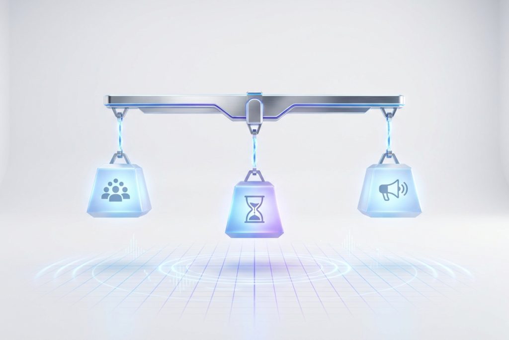 Social media algorithm balance scale showing audience needs, time/retention, and creator distribution signals.