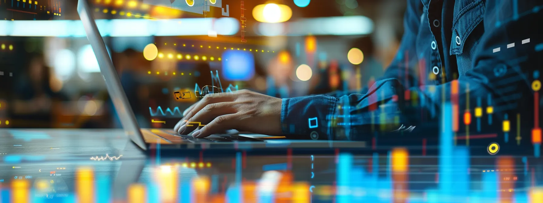 a small business owner working on a laptop, surrounded by charts and graphs related to seo services.