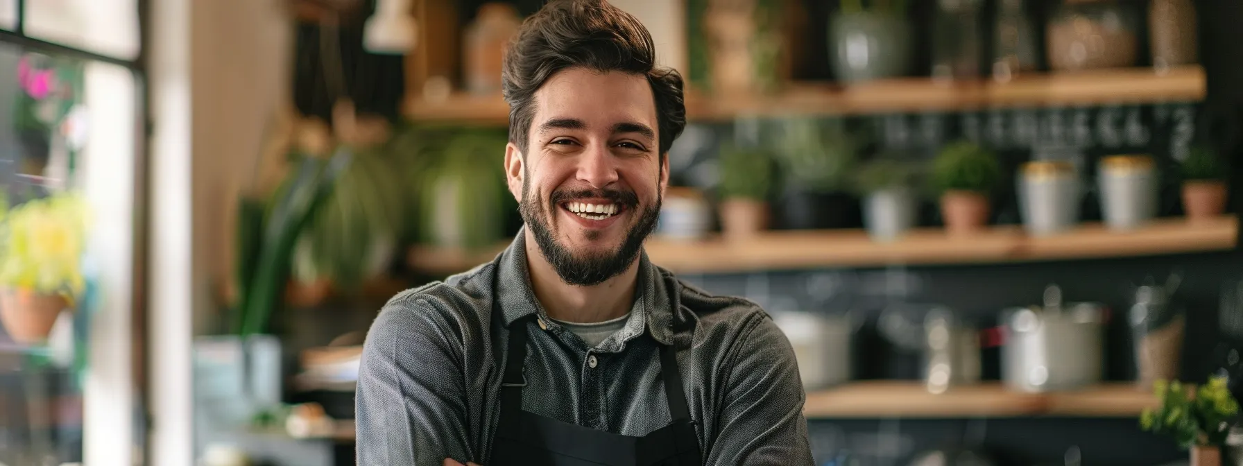 a small business owner smiling with satisfaction as their website ranks on the first page of a search engine.