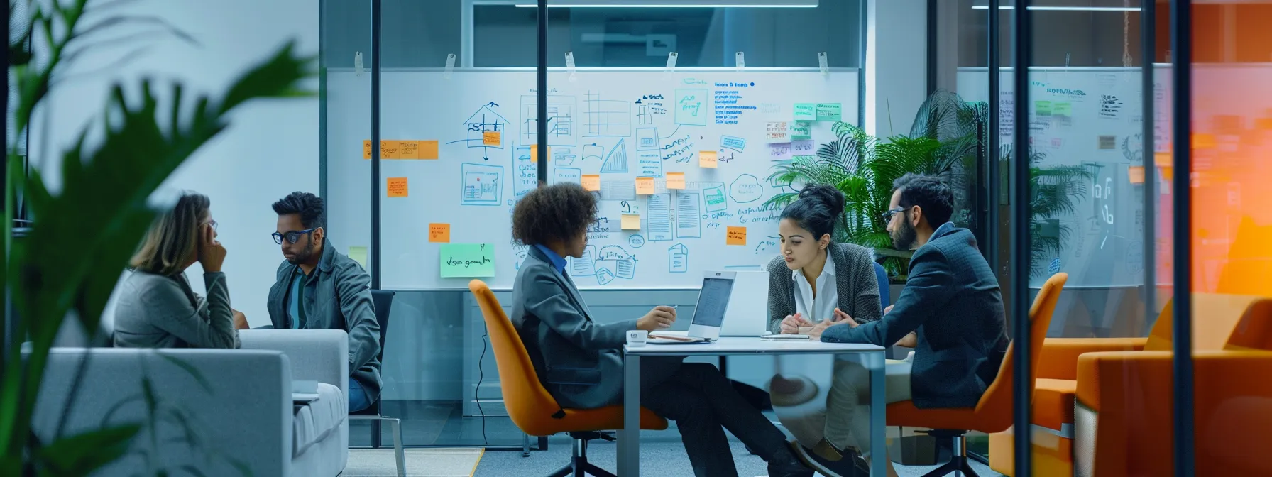 a team brainstorming session in a modern office setting with digital marketing strategy notes on a whiteboard.