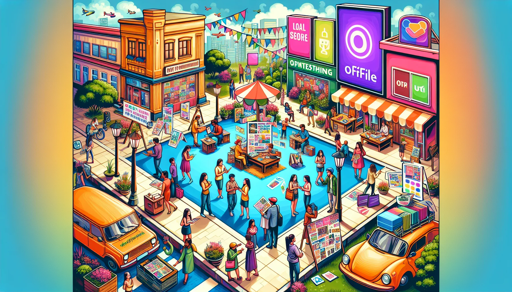 A vibrant illustration of various offline marketing tactics to promote local businesses.