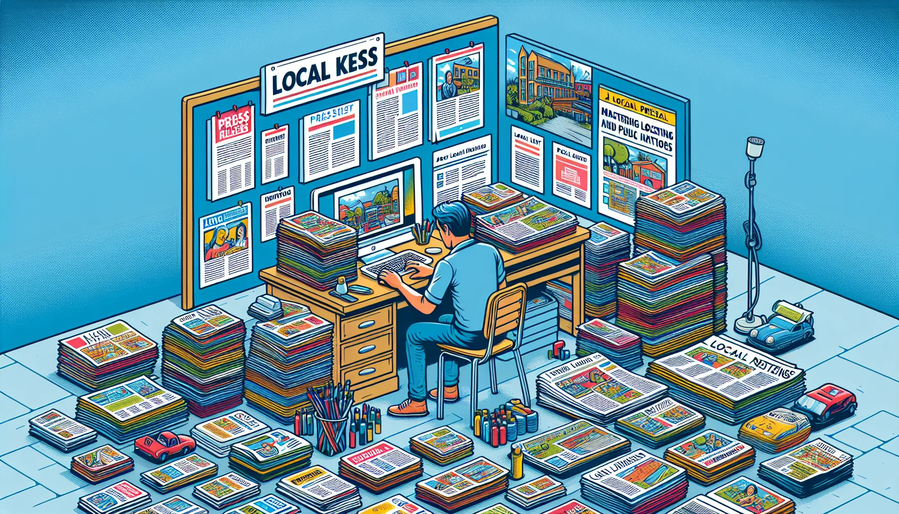 An illustration of a local press kit being prepared for a business to promote its services.