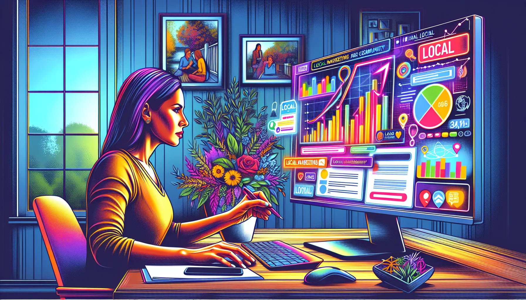 An illustration showing a local business optimizing its online presence for local search.